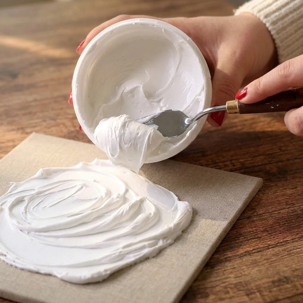 Auftragen der Butter Paste mit dem Malspachtel auf Leinwand