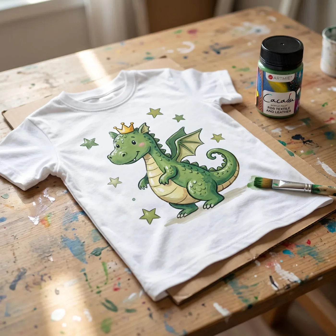 Fertiges Drachenmotiv mit Sternchen, mit Cacadu Farben gemalt, trocknet auf dem Shirt