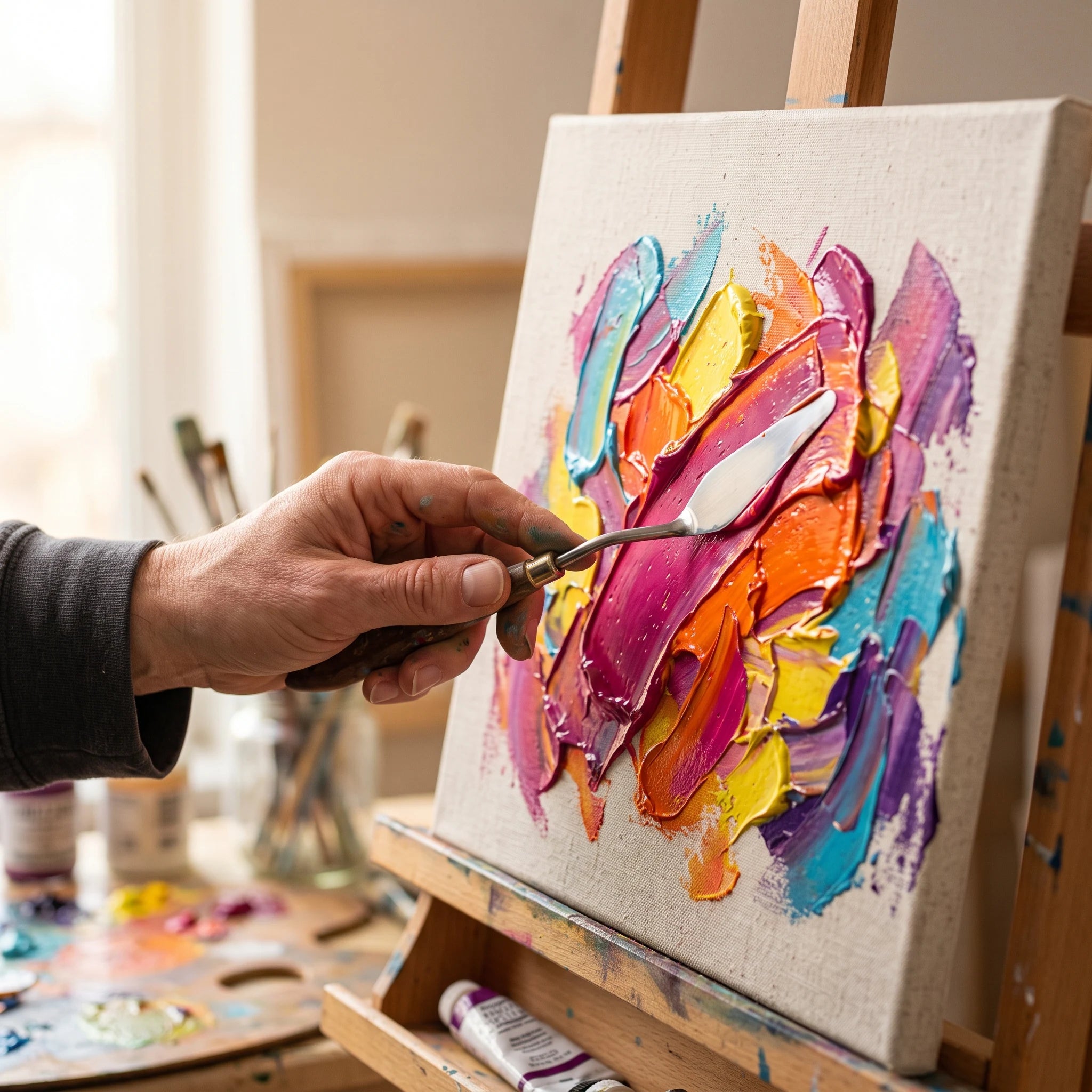 Auftragen von dickflüssiger El Greco Acrylfarbe mit dem Spachtel — Impasto-Effekt