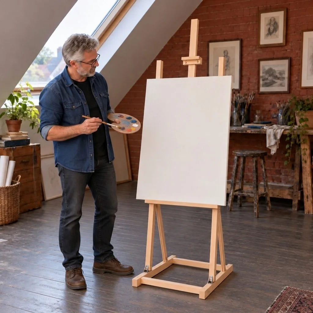 Fertige Staffelei KING mit Leinwand im Atelier zu Hause