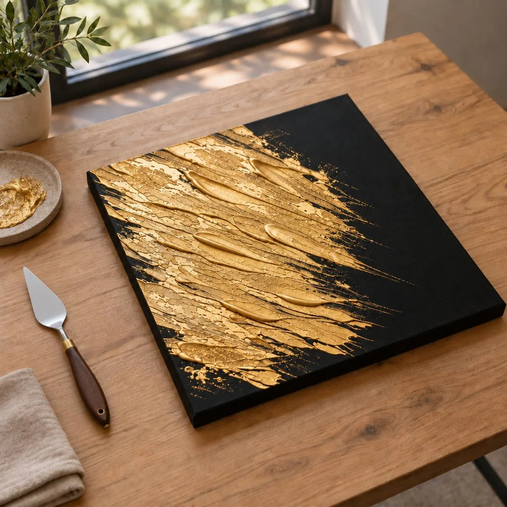 Fertiges, getrocknetes abstraktes Bild aus glänzender goldener ARTMIE MIDAS Paste auf schwarzer Leinwand