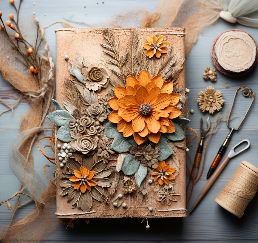 Kreatives Scrapbooking-Set mit verschiedenen Papieren, Stickern und Dekorationselementen auf einem Holztisch
