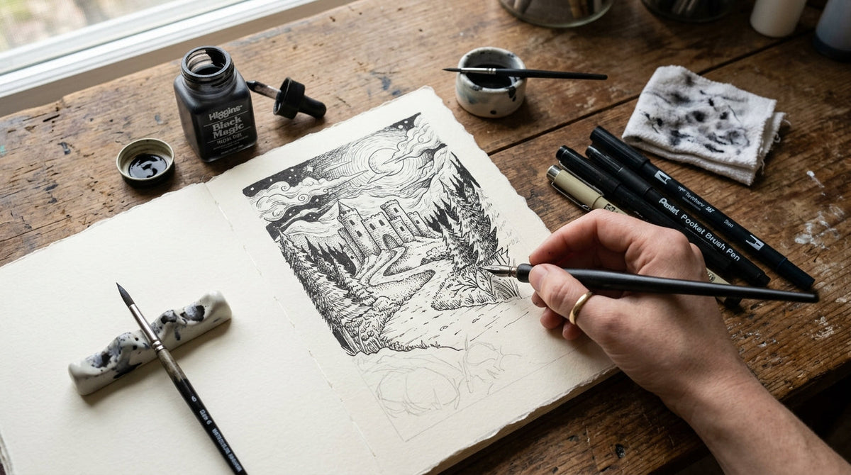 Disegno a inchiostro Inktober con pennini e inchiostro