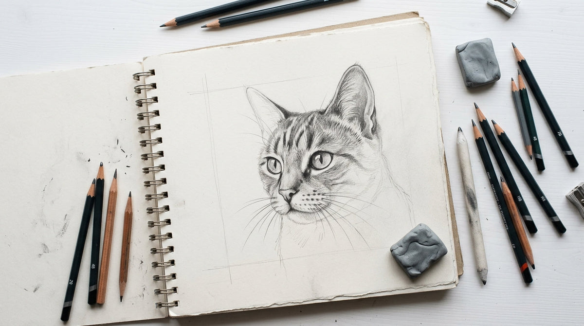 Sketchbook with a cat pencil drawing in progress