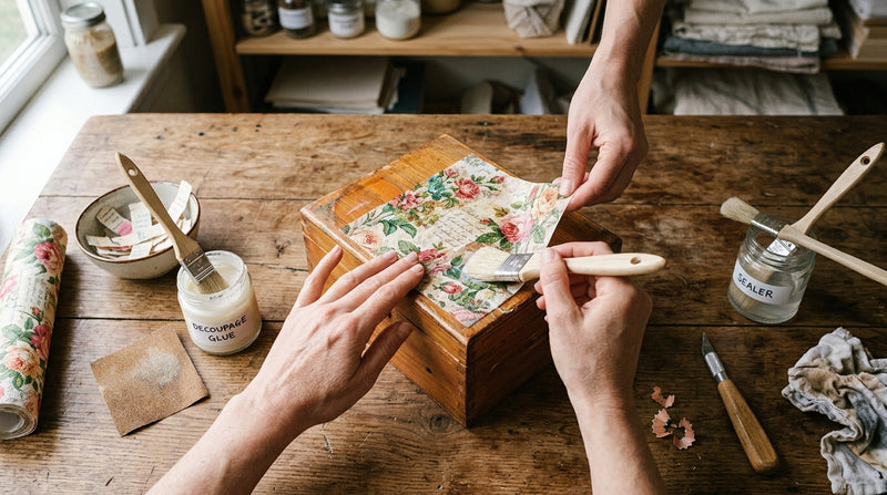 Decoupage na les: Celoviti vodnik za pripravo, lepljenje in lakiranje