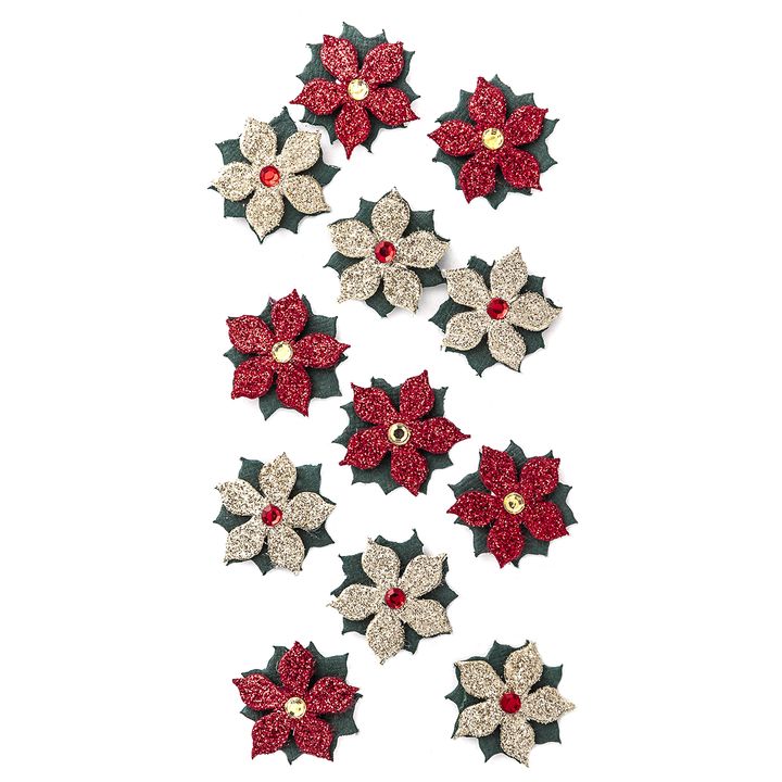 12er-Set 3D-Glitzer-Weihnachtsaufkleber mit Weihnachtsrosen-Motiv