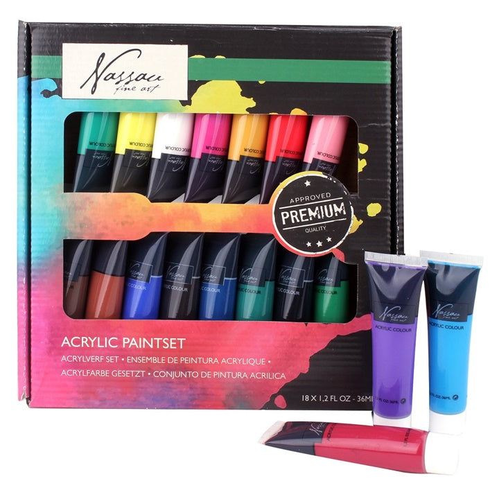 18 Acrylfarben auf Basis von 100 % Acrylharz mit cremiger Konsistenz.