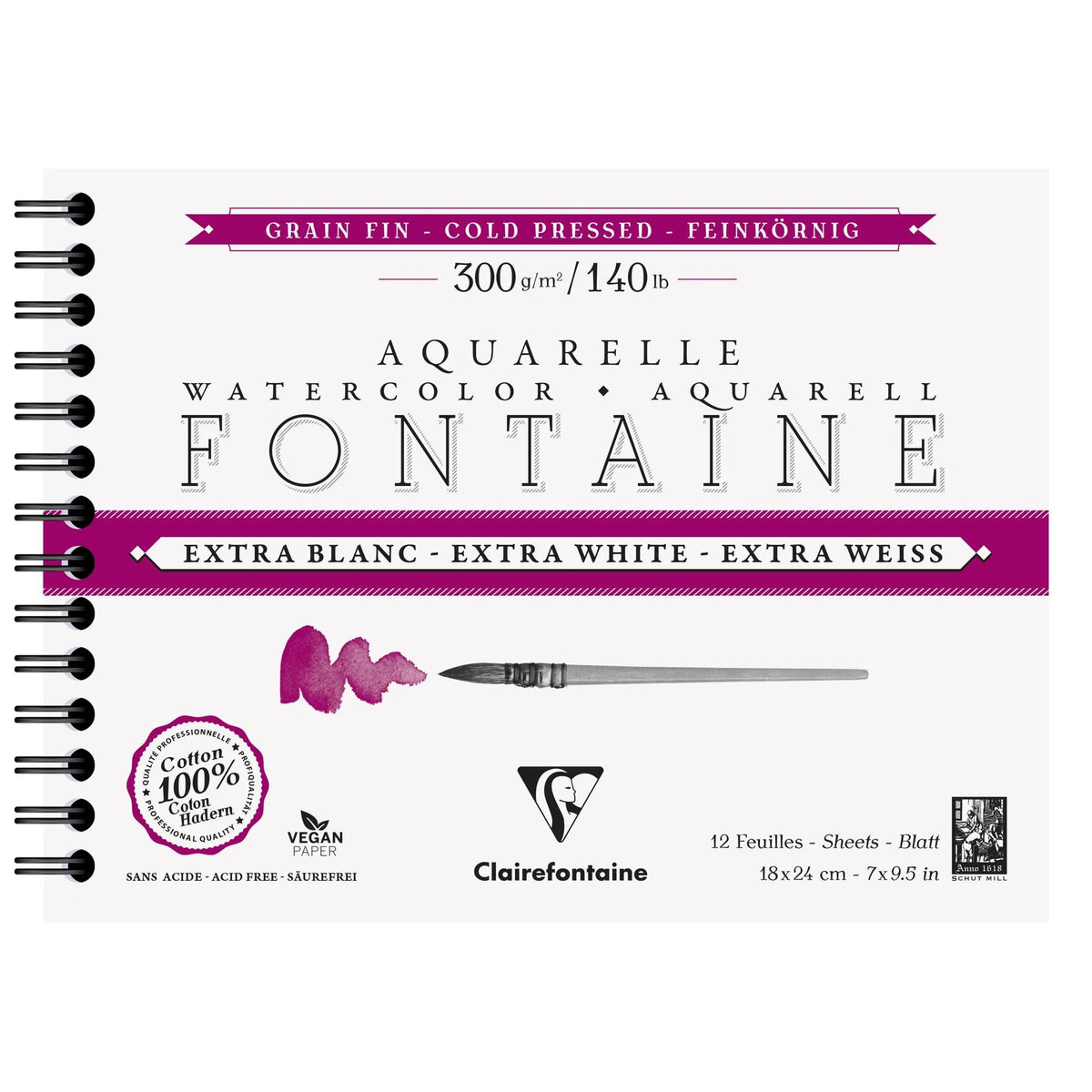 Aquarellblock CLAIREFONTAINE Fontaine CP Extraweiß 300 g 18 x 24 cm - 12 Blatt