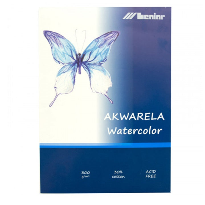 Aquarellblock mit 10 Blatt Papier in verschiedenen Formaten.