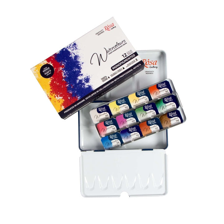 Aquarellfarben-Set "Мonopigmentiert" ROSA GALLERY, Metalldose, Indigo, 12 Farben, volle Töpfe — Bild 6