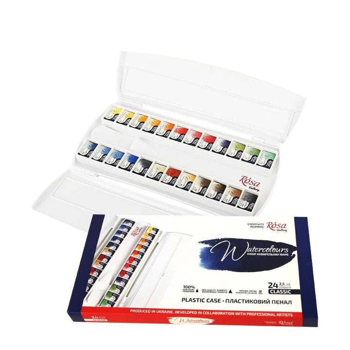 Aquarellfarbenset "Classic" ROSA Gallery, Kunststoffkoffer, 24 Farben, volle Töpfe