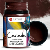 Farbpalette der ARTMIE Cacadu Textil- und Lederfarben in verschiedenen Farbtönen zur Auswahl.