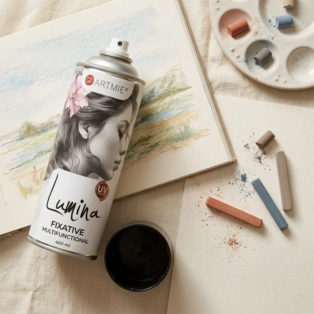 Fixativ-Spray ARTMIE Lumina neben einer Pastellzeichnung mit trockenen Pastellkreiden und Palette