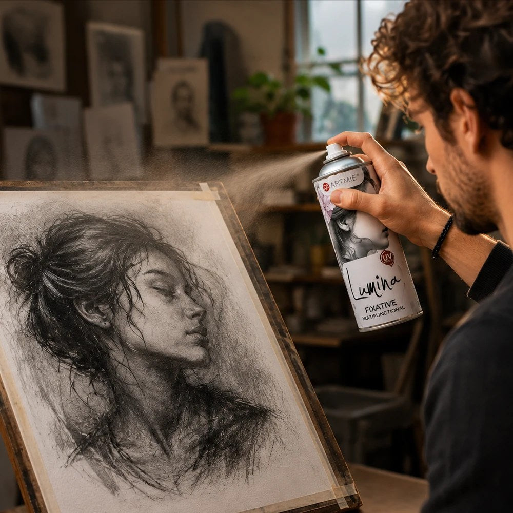 Künstler fixiert eine Kohlezeichnung mit dem ARTMIE Lumina Spray im Atelier