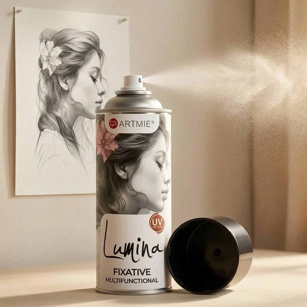 Fixativ-Spray ARTMIE Lumina mit Sprühnebel vor einer Bleistiftzeichnung