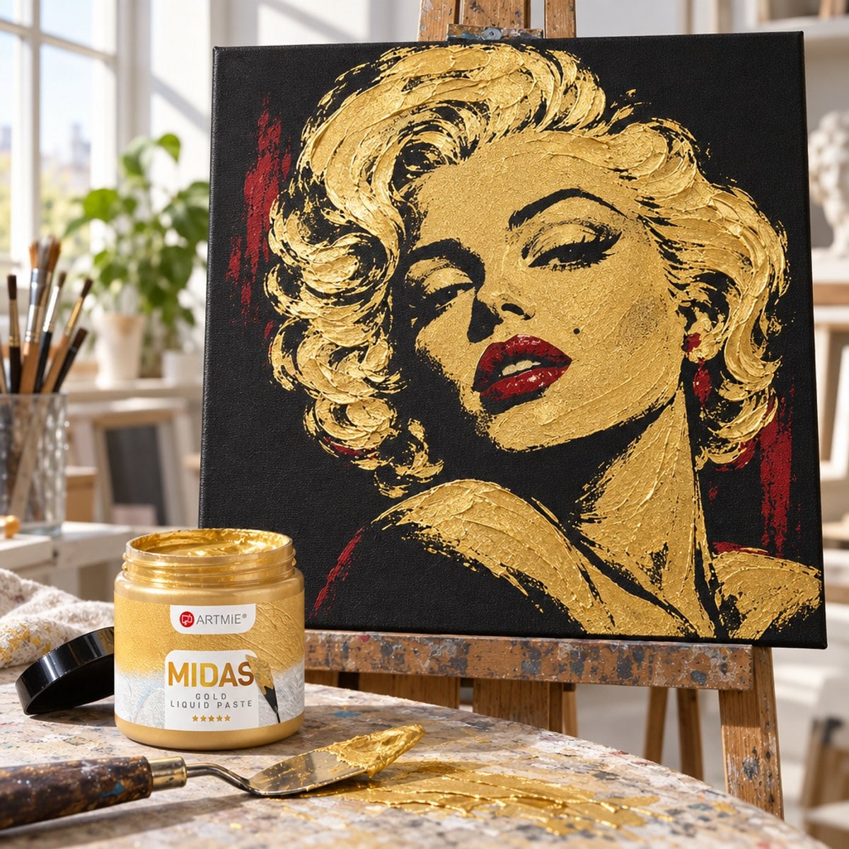 Porträt auf schwarzer Leinwand, gemalt mit goldener ARTMIE MIDAS Paste und roter Farbe