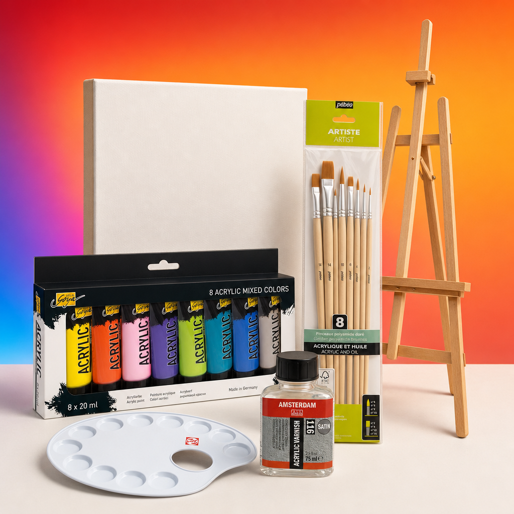 Maler-Starter-Set — Leinwand, Farben, Pinsel und Staffelei
