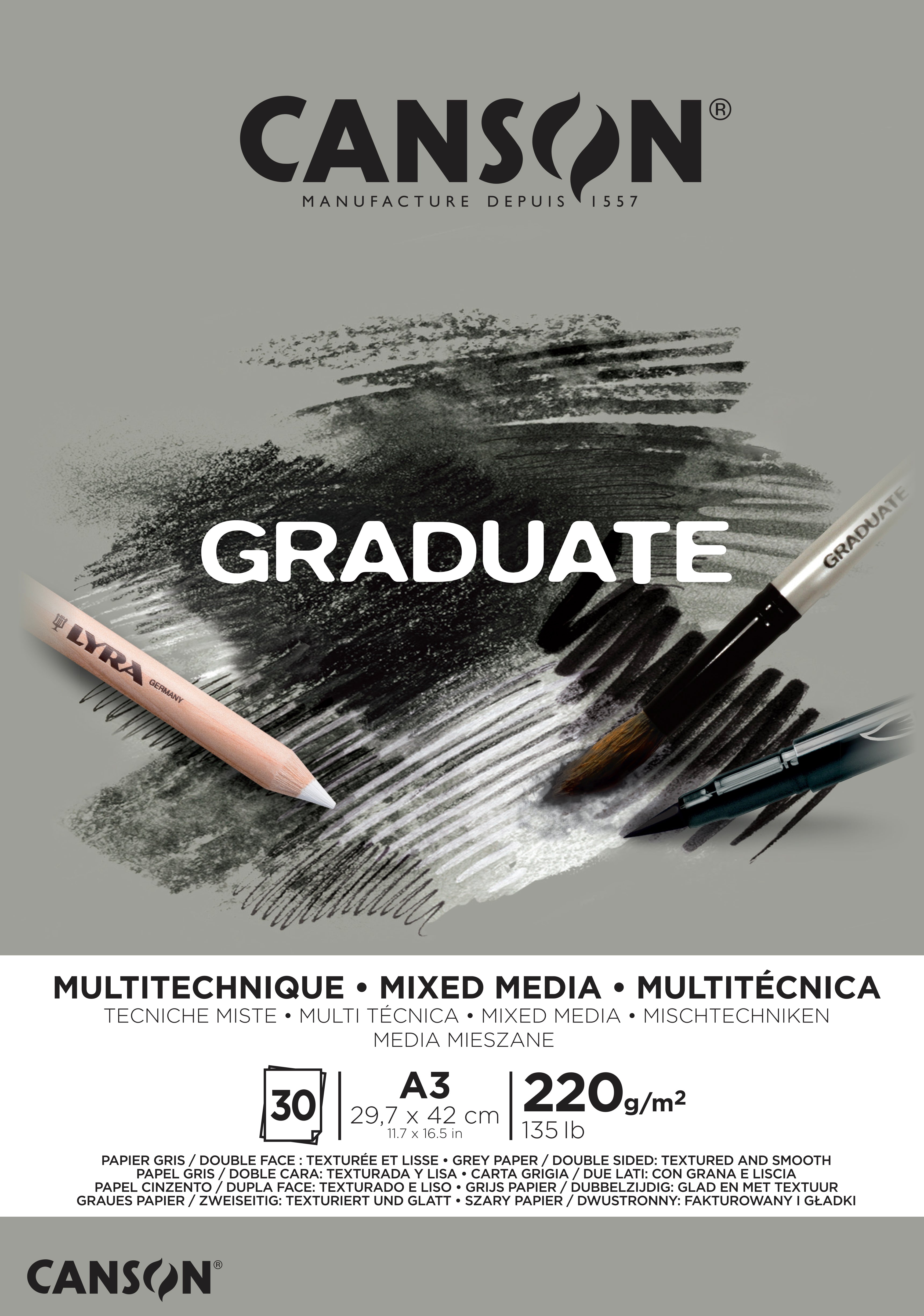 CANSON Graduate Mix Media Block Grau 220 g A3, 30 Blatt, Kopfgeleimt