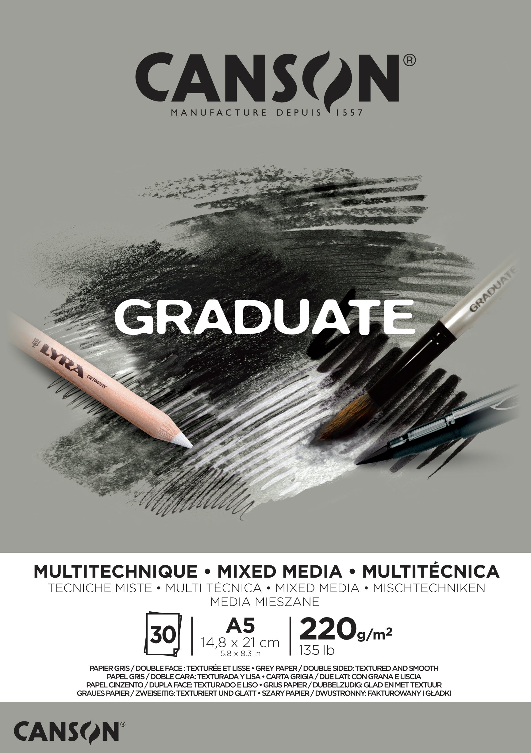 CANSON Graduate Mix Media Block Grau 220 g A5 - 30 Blatt kopfgeleimt