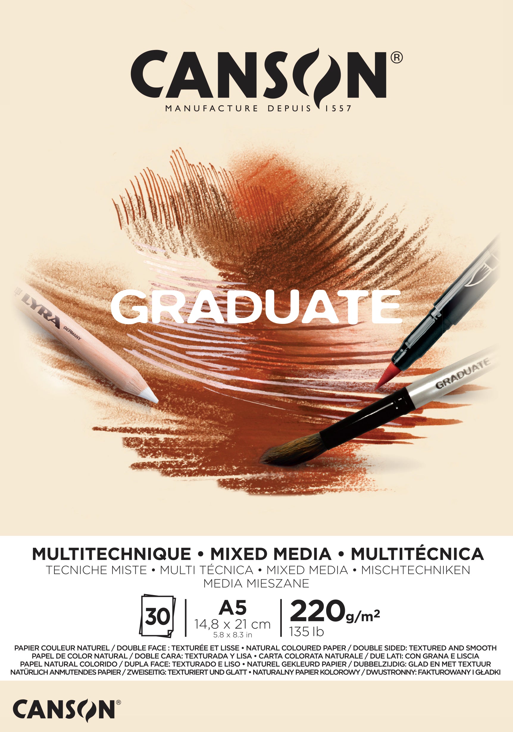 Canson Graduate Mix Media Block Natural 220 g 30 Blatt A5 geleimt