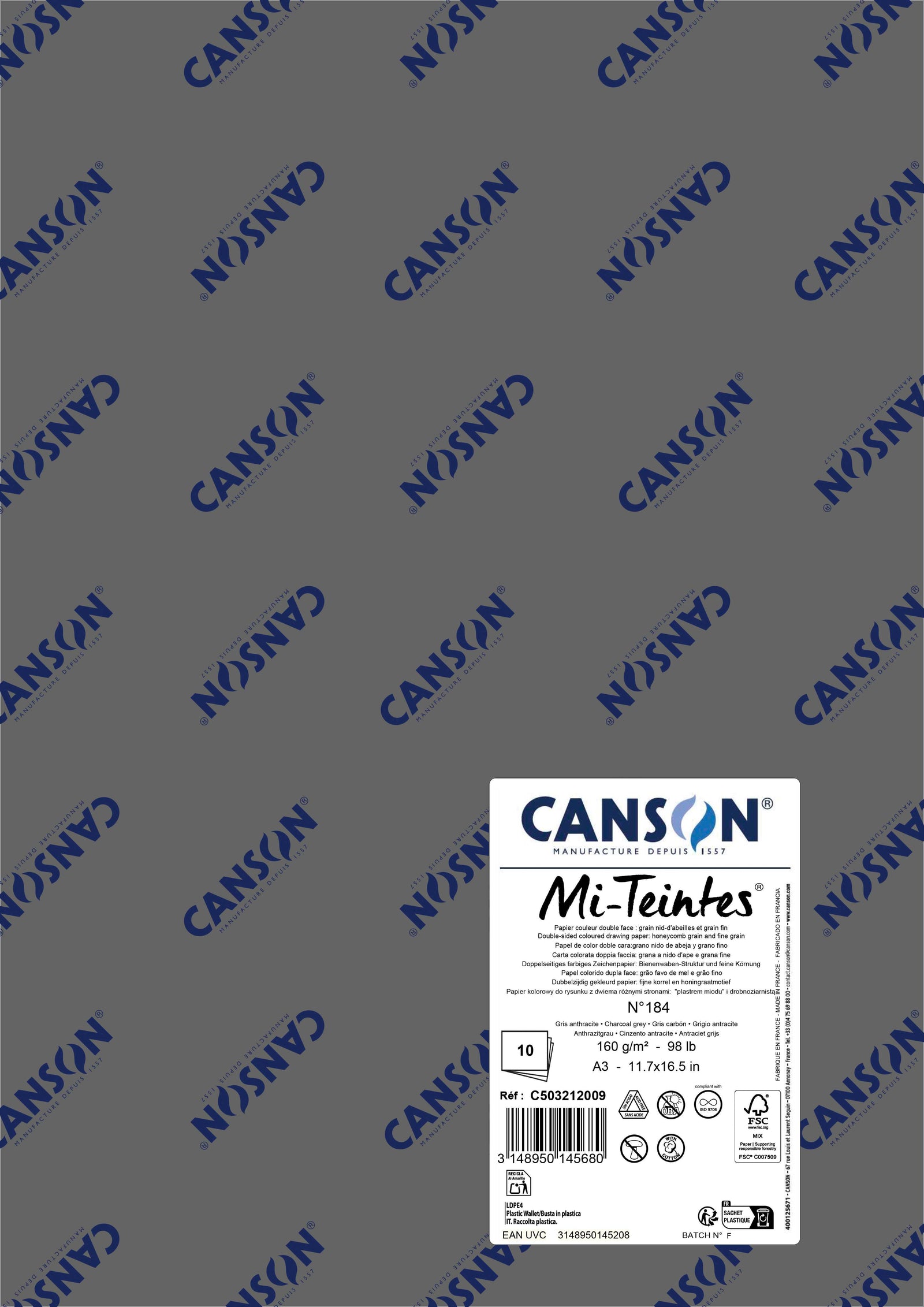 Pastellpapier Canson Mi-Teintes A3 160 g - 10 Bogen – Holzkohlegrau 184