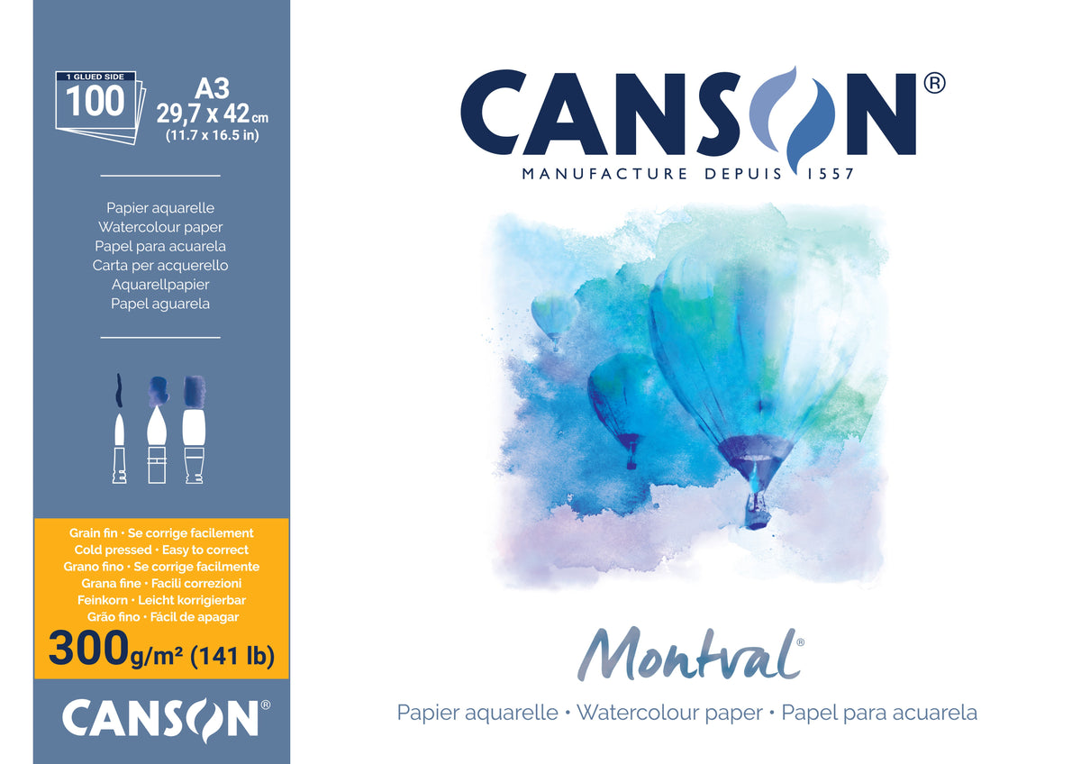 CANSON Montval Aquarellblock feinkorn 300 g/m² - 100 Blatt A3, geleimt