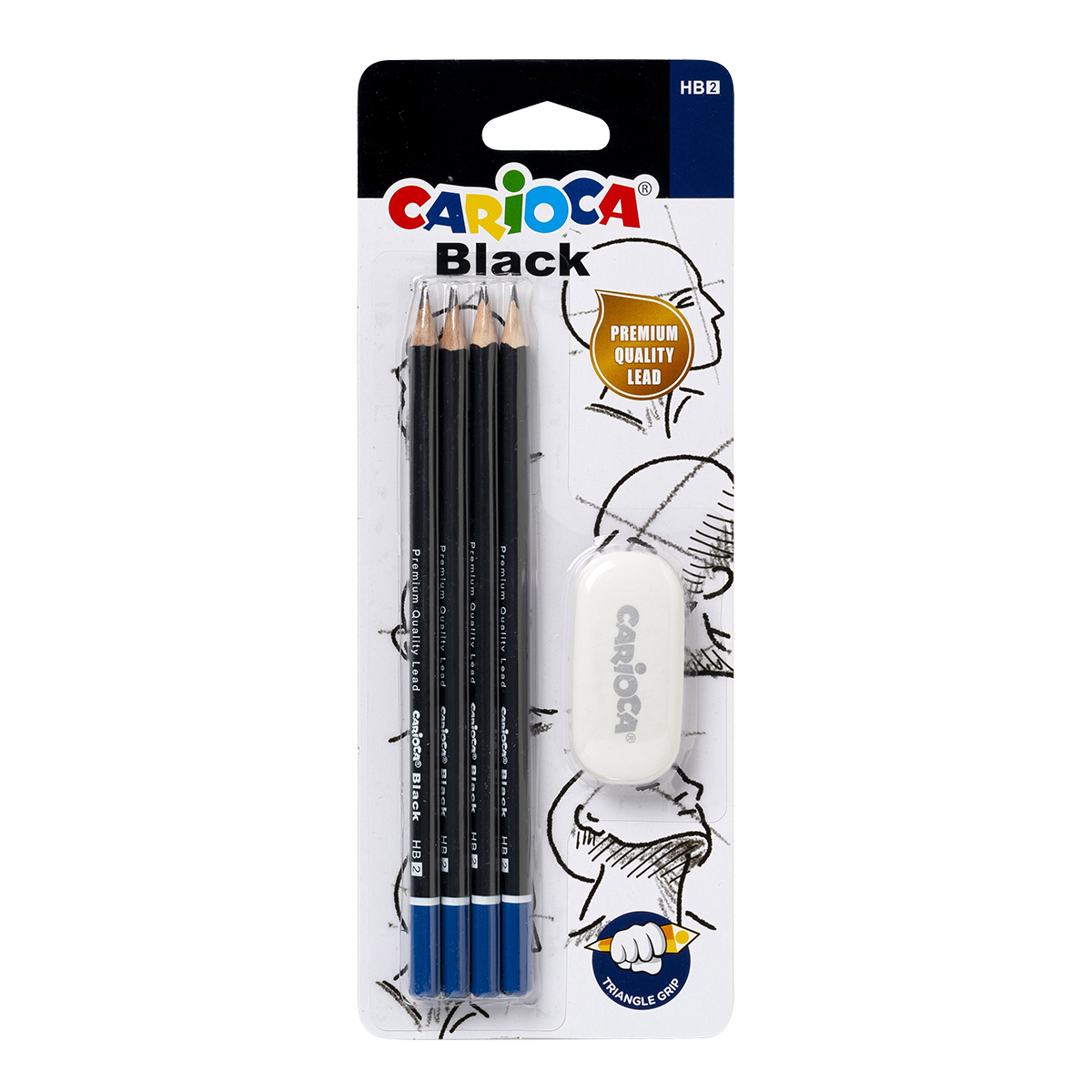 Carioca Dreikant-Bleistift-Set Black 2/HB mit Radiergummi, 4 Stk.