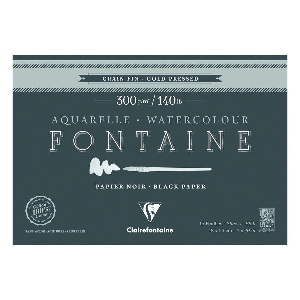 Clairefontaine Fontaine Aquarellblock CP Black 300 g 15 Blatt x 26 cm rundum geleimt – 18