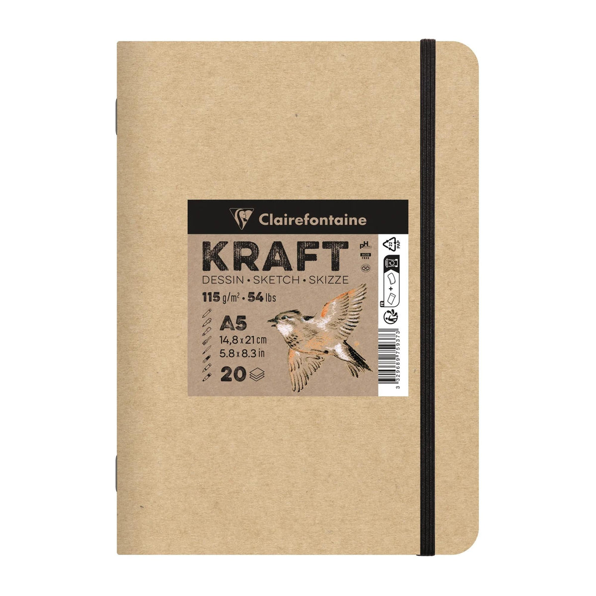 CLAIREFONTAINE Kraftpapier Skizzenblock 115 g/m² – A5 – A4, 20 Blatt
