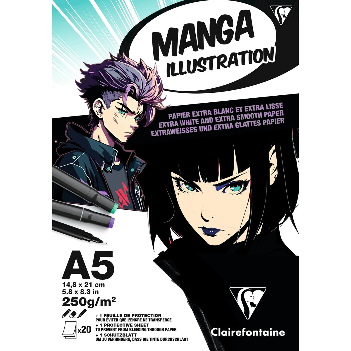 CLAIREFONTAINE Manga Illustration Papierblock 250 g/m² A5 – A3 - 20 Blatt