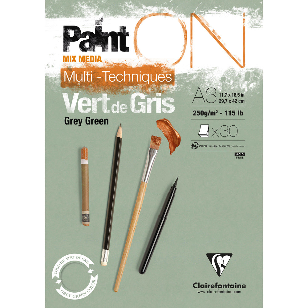 Clairefontaine Paint'On Mix Media Block 250 g geleimt – 30L A3 Graugrün