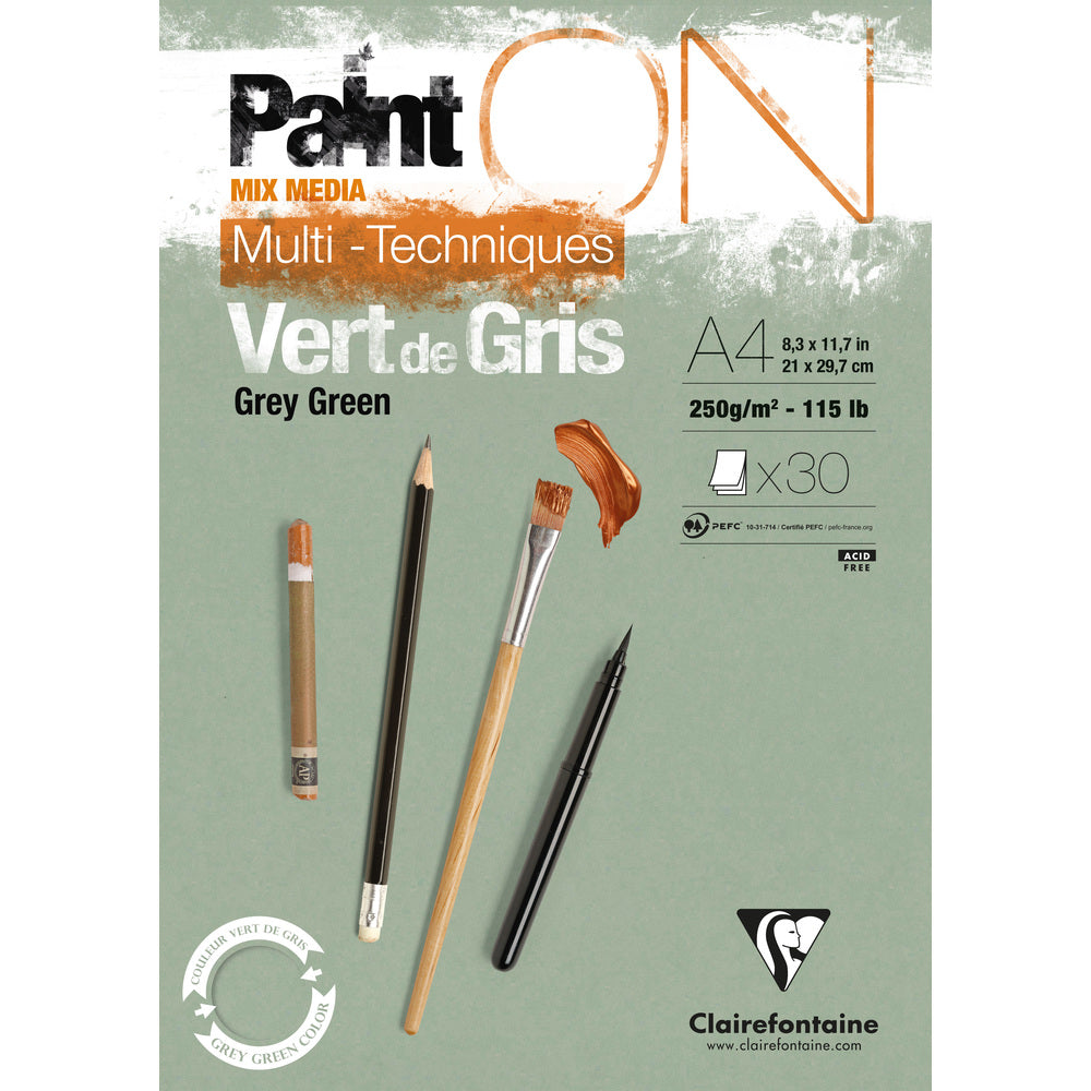 Clairefontaine Paint'On Mix Media Block 250 g geleimt – 30L A4 Graugrün