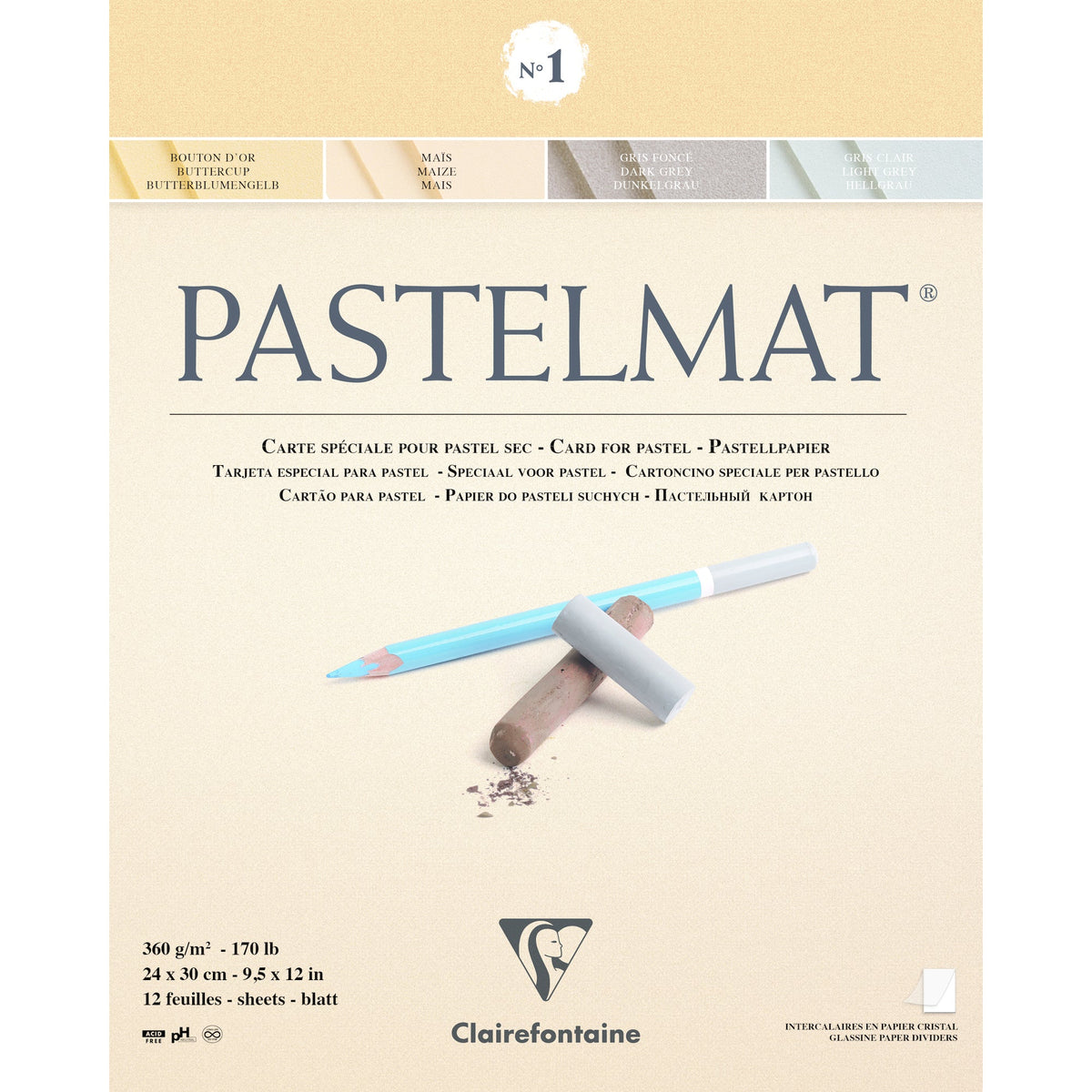 Clairefontaine Pastelmat Block Nr. 1 360 g 12 Blatt x 30 cm geklebt – 24