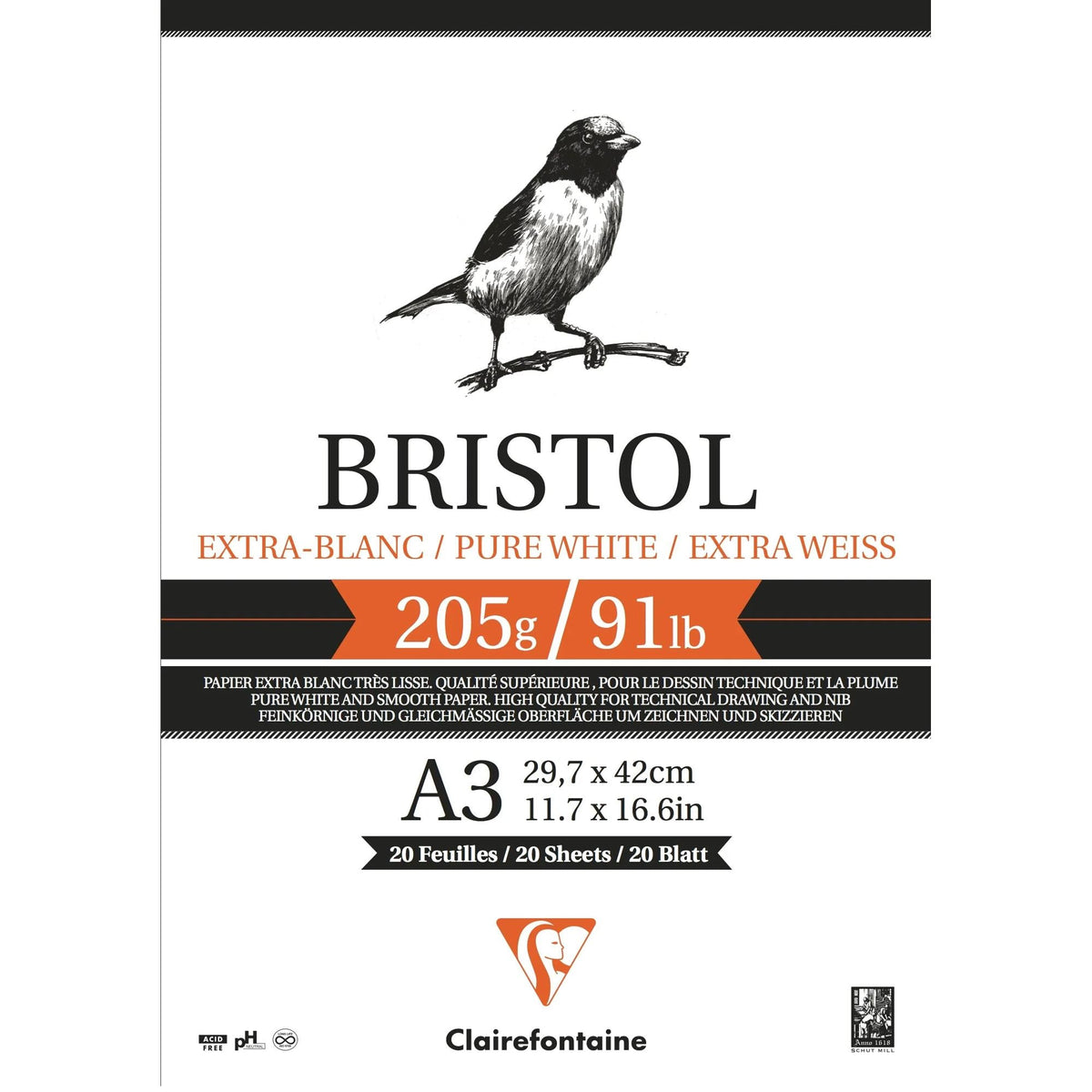 CLAIREFONTAINE Zeichenblock Bristol 205 g/m² – 20 Blatt, A4 – A3
