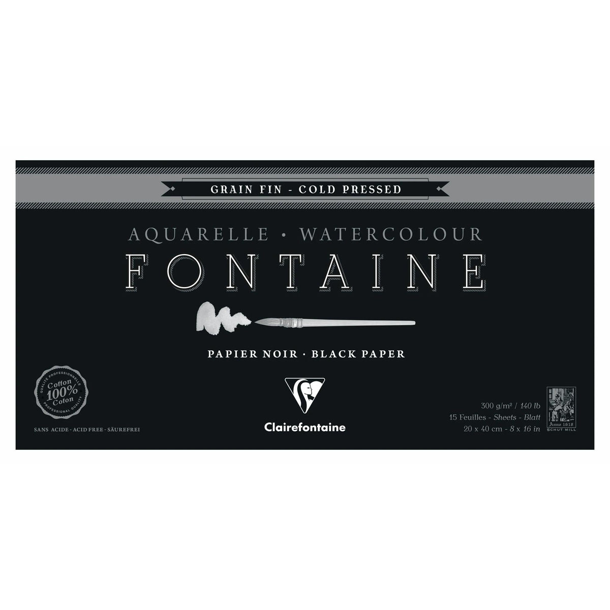 CLAIREFONTAINE Fontaine schwarzer Aquarellblock 300 g/m² – 20 × 40 cm