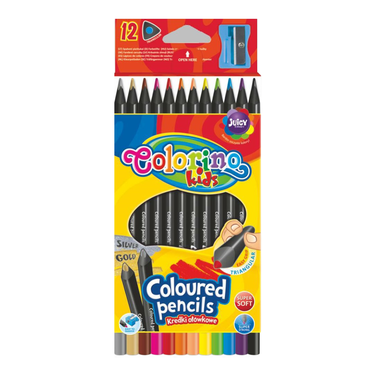 Colorino Dreikant-Buntstifte aus schwarzem Holz mit Anspitzer – 12 Farben