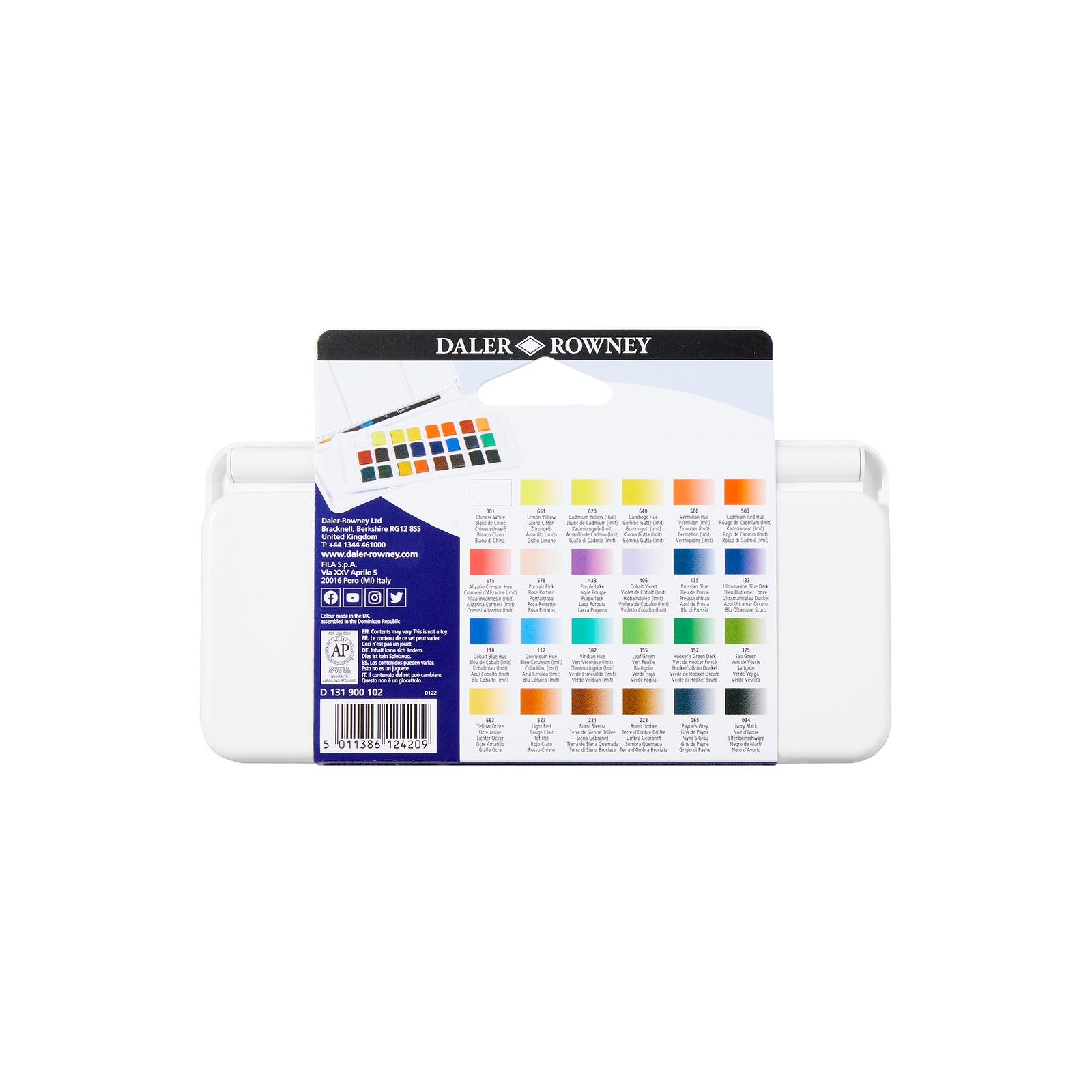 DALER ROWNEY Aquafine Aquarellfarben Reiseset 24 halbe Näpfchen mit Pinsel