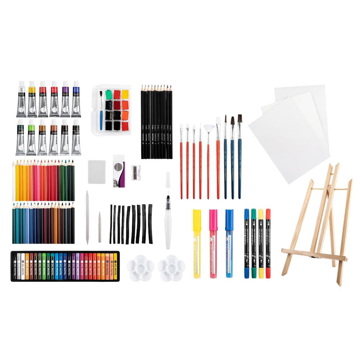 Daler-Rowney Kunstset mit Ölpastellkreiden, Aquarell-Halbschalen, Acrylfarben, Markern und Kohle.