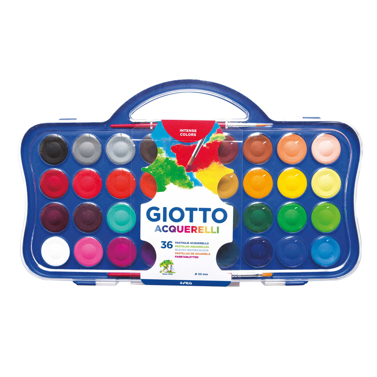 Deckfarbkasten GIOTTO Aquarelli Durchmesser 30 mm, 36 Farben mit 2 Pinseln