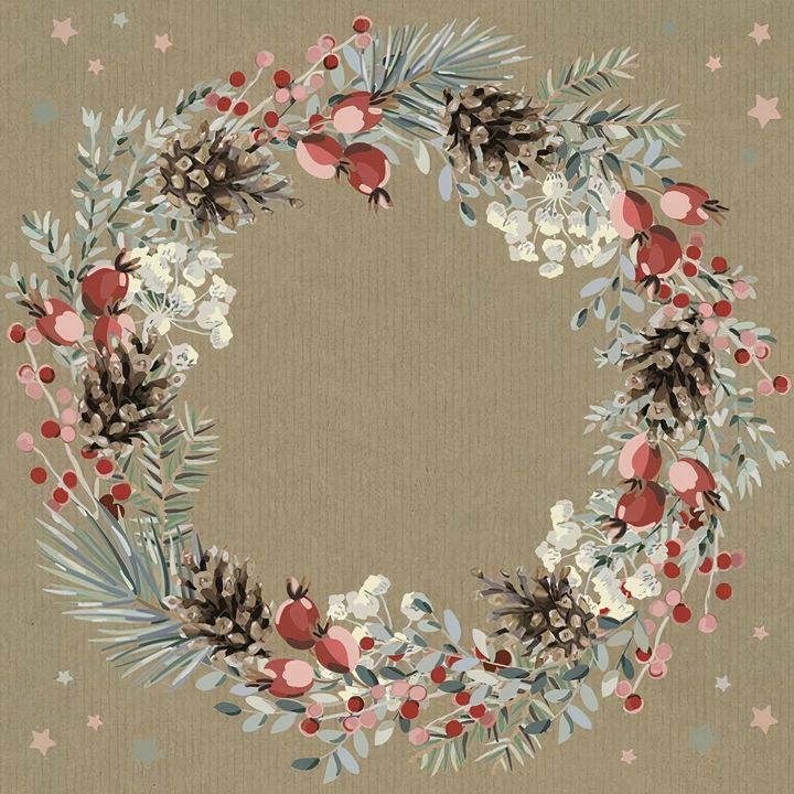 Decoupage-Serviette Weihnachtskranz mit Zapfen und Stechpalme - 1 Stk. — Bild 1