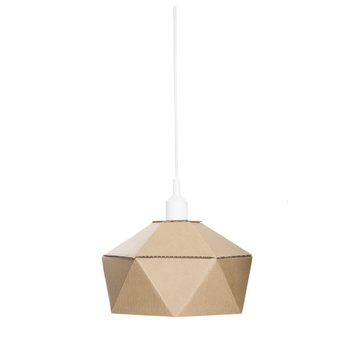 DIY-Karton-Lampen-Bausatz aus braunem Karton mit Kabel und Fassung in flacher Verpackung.