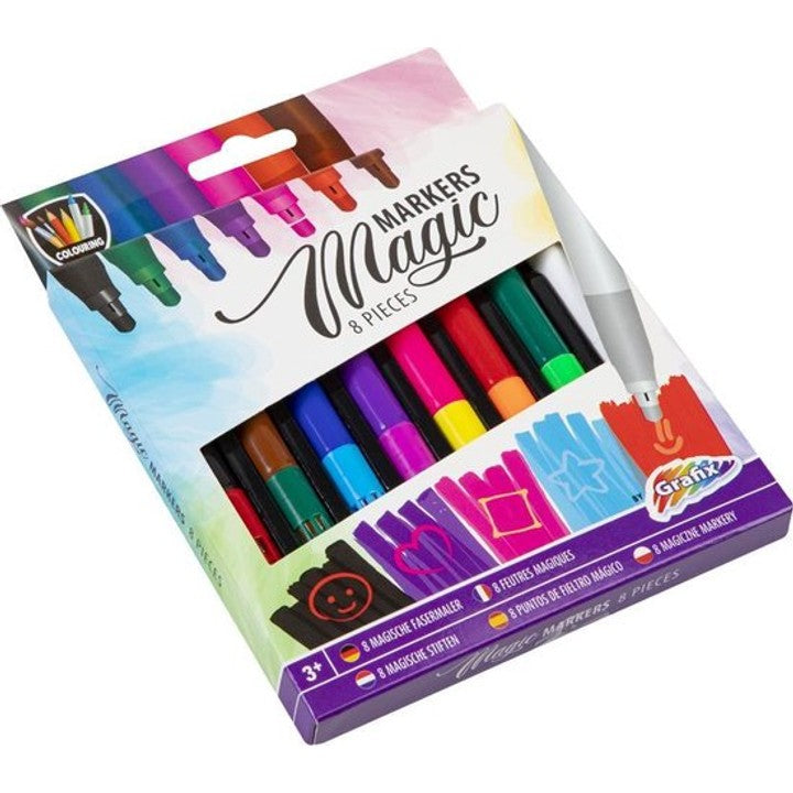 GRAFIX Magic Markers 8-teiliges Set mit sieben farbigen Filzstiften und einem weißen Zauberstift in der Verpackung.