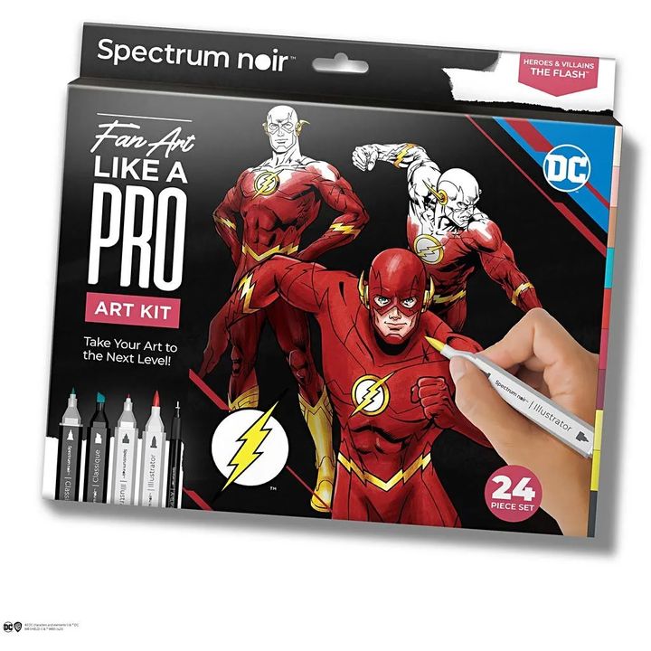 Illustrations-Kunst-Kit FLASH mit 10 Spectrum Noir Markern, Art Liner und 12 vorgedruckten Illustrationsvorlagen.