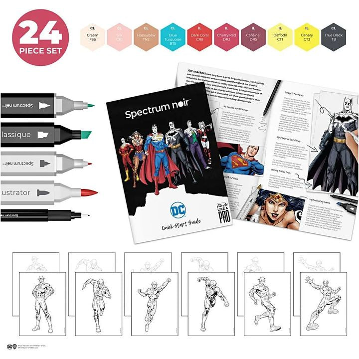 Inhalt des Illustrations-Kunst-Kit FLASH: 10 doppelseitige Marker, 0,3er Art Liner und eine Anleitung.