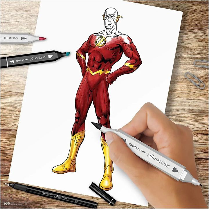 Detailansicht der 12 vorgedruckten Illustrationsvorlagen in Schwarz und Grau aus dem FLASH Kit.