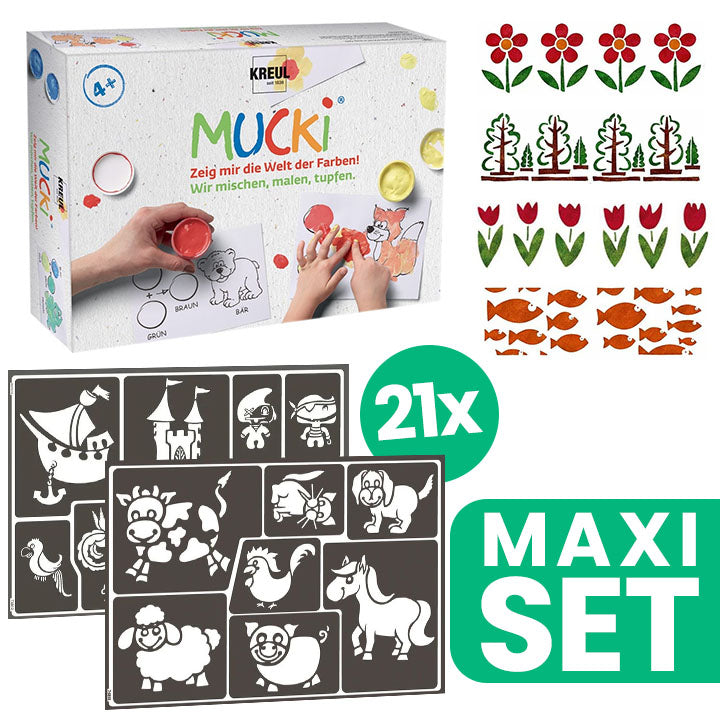 Kinder-Malschablonen-Kollektion 21 Stück + MUCKI Fingerfarben-Set — Bild 1