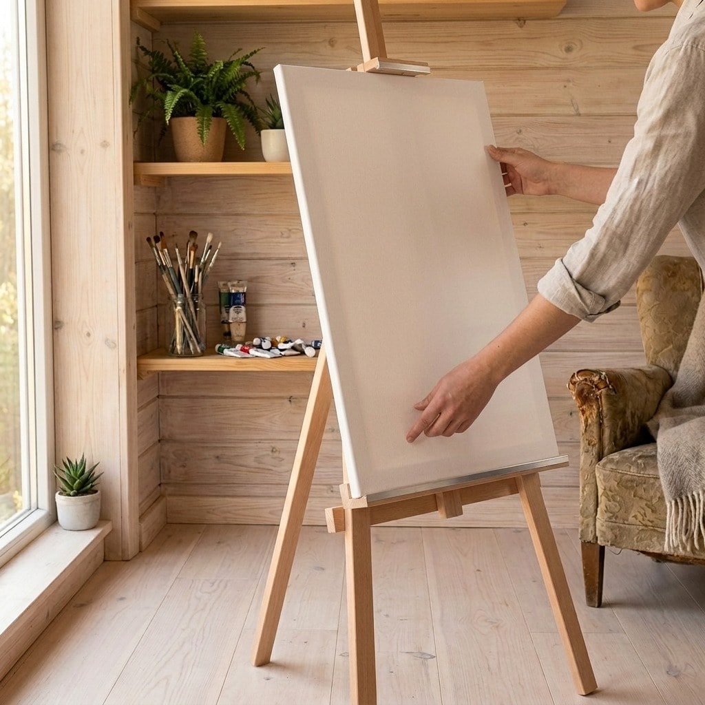 Leinwand wird auf die Staffelei MY HOME im Atelier zu Hause gestellt