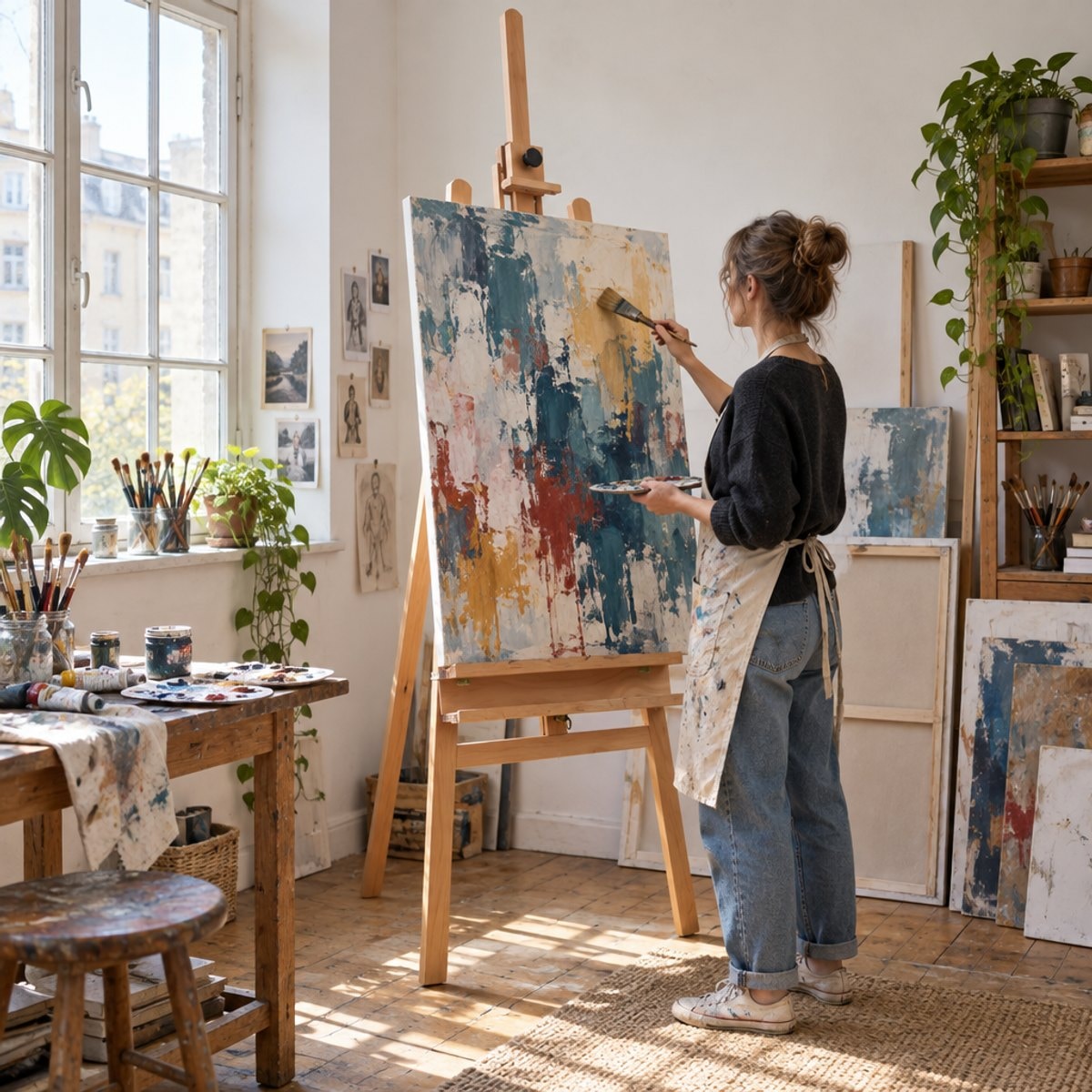 Malerin an der Atelierstaffelei Valeriano PROFI mit großer Leinwand im Atelier zu Hause