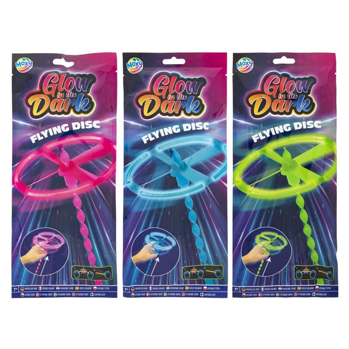 Leuchtende Flugscheibe mit Leuchteffekt und Startmechanismus in den Neonfarben Blau, Pink und Grün.