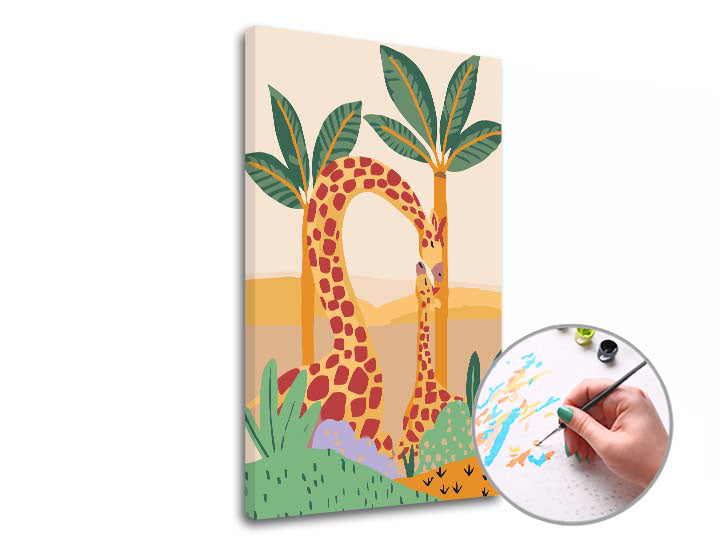 Malen nach Zahlen Set mit Motiv Giraffe und Jungtier auf 320 g/m² Baumwoll-Leinwand.